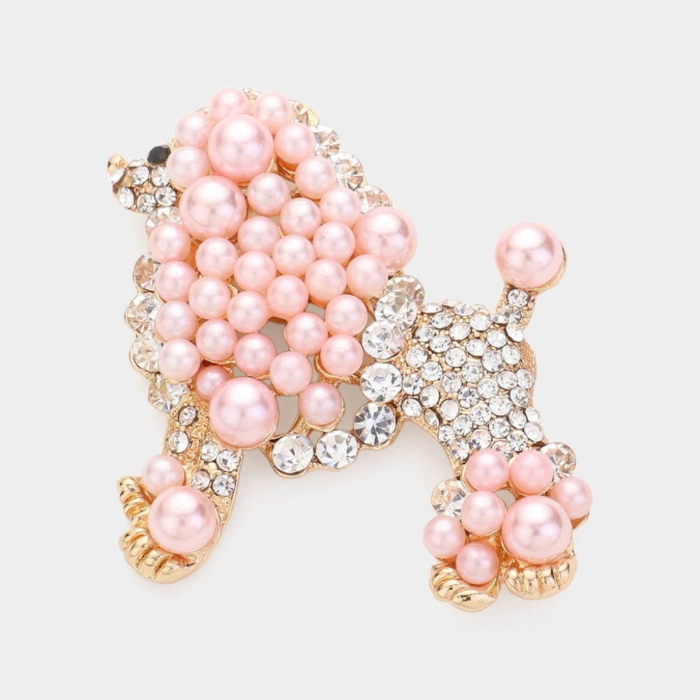 Pink Pearl Poodle Dog Rhinestone Crystal 2.25 Inch Gold Brooch Pin Accessory